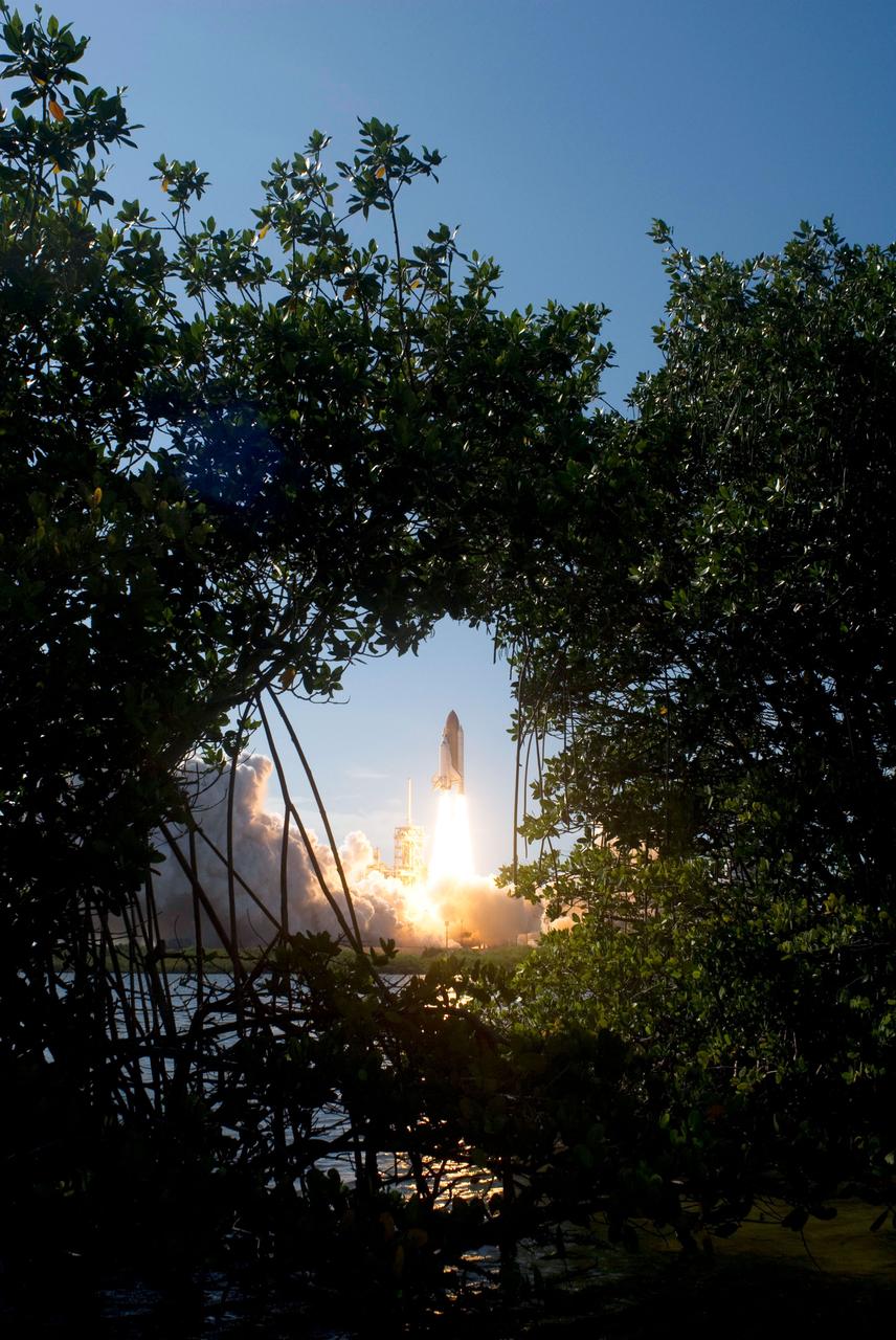 STS124-S-024 (31 May 2008) --- Framed here by Florida foliage, the Space Shuttle Discovery and its seven-member STS-124 crew head toward Earth-orbit and a scheduled link-up with the International Space Station (ISS). Liftoff from Kennedy Space Center's launch pad 39A occurred at 5:02 p.m. (EDT). The STS-124 mission is the 26th in the assembly of the International Space Station. It is the second of three flights launching components to complete JAXA's Kibo laboratory. During the mission, the shuttle crew will install Kibo's large Japanese Pressurized Module and its remote manipulator system. Onboard are astronauts Mark Kelly, commander; Ken Ham, pilot; Karen Nyberg, Mike Fossum, Ron Garan, Greg Chamitoff and Japan Aerospace Exploration Agency (JAXA) astronaut Akihiko Hoshide, all mission specialists. Chamitoff will join Expedition 17 in progress to serve as a flight engineer aboard the station.