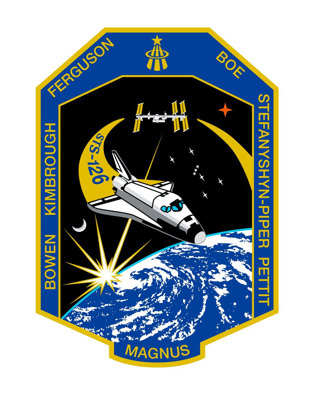 STS126-S-001 (April 2008) --- The STS-126 patch represents space shuttle Endeavour on its mission to help complete the assembly of the International Space Station (ISS). The inner patch outline depicts the Multi-Purpose Logistics Module (MPLM) Leonardo. This reusable logistics module will carry the equipment necessary to sustain a crew of six onboard the ISS and will include additional crew quarters, exercise equipment, galley, and life support equipment. In addition, a single expedition crew member will launch on STS-126 to remain on board ISS, replacing an expedition crew member who will return home with the shuttle crew. Near the center of the patch, the constellation Orion reflects the goals of the human spaceflight program, returning us to the moon and on to Mars, the red planet, which are also shown. At the top of the patch is the gold symbol of the astronaut office. The sunburst, just clearing the horizon of the magnificent Earth, powers all these efforts through the solar arrays of the ISS current configuration orbiting high above.     The NASA insignia design for space shuttle flights is reserved for use by the astronauts and for other official use as the NASA Administrator may authorize. Public availability has been approved only in the forms of illustrations by the various news media. When and if there is any change in this policy, which is not anticipated, the change will be publicly announced. Photo credit: NASA