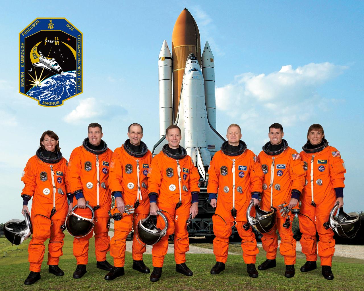 STS126-S-002 (5 March 2008) --- Attired in training versions of their shuttle launch and entry suits, these seven astronauts take a break from training to pose for the STS-126 crew portrait. Astronaut Christopher J. Ferguson, commander, is at center; and astronaut Eric A. Boe, pilot, is third from the right. Remaining crewmembers, pictured from left to right, are astronauts Sandra H. Magnus, Stephen G. Bowen, Donald R. Pettit, Robert S. (Shane) Kimbrough and Heidemarie M. Stefanyshyn-Piper, all mission specialists. Magnus is scheduled to join Expedition 18 as flight engineer after launching to the International Space Station on mission STS-126.