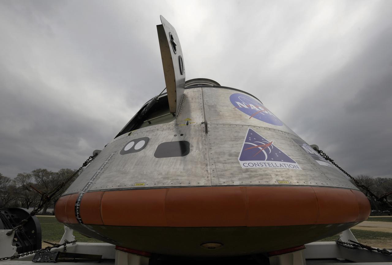 A mock up of the Orion Crew Module is seen, Monday, March 30, 2009, during a news conference on the National Mall in Washington. Orion is the flagship of NASA's programs for space exploration beyond low Earth orbit and a key element of NASA's Constellation Program to explore the Moon, Mars and beyond. Photo Credit: (NASA/Paul. E. Alers)