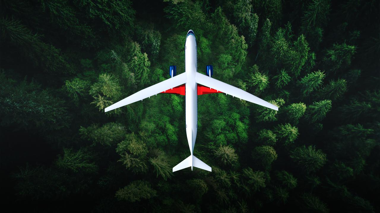An artist’s concept of the transonic truss-braced wing aircraft configuration in flight over a forest of trees.