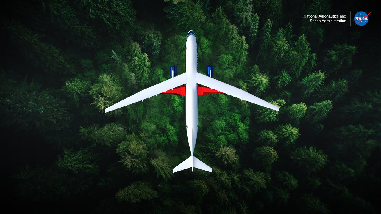 An artist’s concept of the transonic truss-braced wing aircraft configuration in flight over a forest of trees.