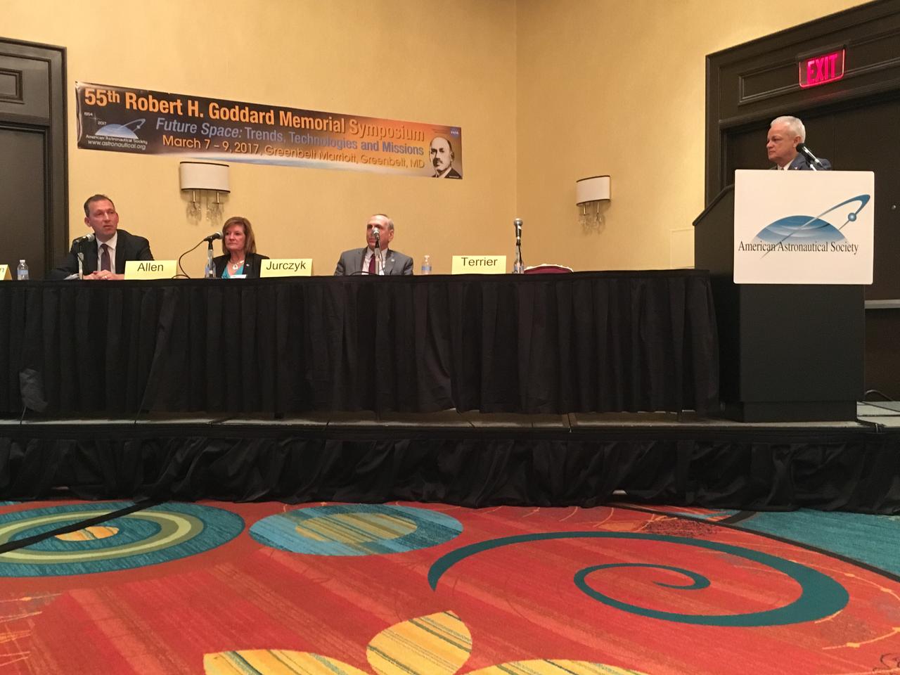 NASA Chief Technologist Douglas Terrier moderated the discussion “NASA Leadership in the Future of Science and Technology" during the AAS 55th Robert H. Goddard Memorial Symposium on March 8, 2017. Terrier was joined by Associate Administrator for Space Technology Steve Jurczyk, Chief Scientist Gale Allen and Associate Administrator for Science Thomas Zurbuchen.