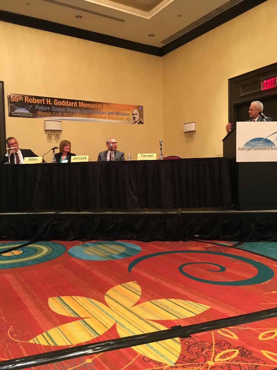 NASA Chief Technologist Douglas Terrier moderated the discussion “NASA Leadership in the Future of Science and Technology" during the AAS 55th Robert H. Goddard Memorial Symposium on March 8, 2017. Terrier was joined by Associate Administrator for Space Technology Steve Jurczyk, Chief Scientist Gale Allen and Associate Administrator for Science Thomas Zurbuchen.