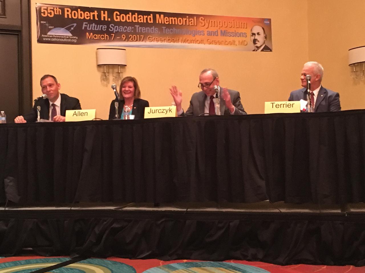 NASA Chief Technologist Douglas Terrier moderated the discussion “NASA Leadership in the Future of Science and Technology" during the AAS 55th Robert H. Goddard Memorial Symposium on March 8, 2017. Terrier was joined by Associate Administrator for Space Technology Steve Jurczyk, Chief Scientist Gale Allen and Associate Administrator for Science Thomas Zurbuchen.