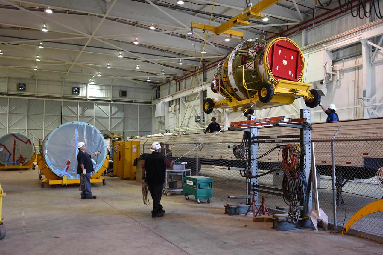 Technicians place the second stage of a Delta II rocket onto a transport trailer inside NASA Hangar 836 at Vandenberg Air Force Base in California in preparation to launch the Joint Polar Satellite System spacecraft in 2017. JPSS-1 is part of the next-generation environmental satellite system, a collaborative program between the National Oceanic and Atmospheric Administration (NOAA) and NASA. To learn more about JPSS-1, visit http://www.jpss.noaa.gov.