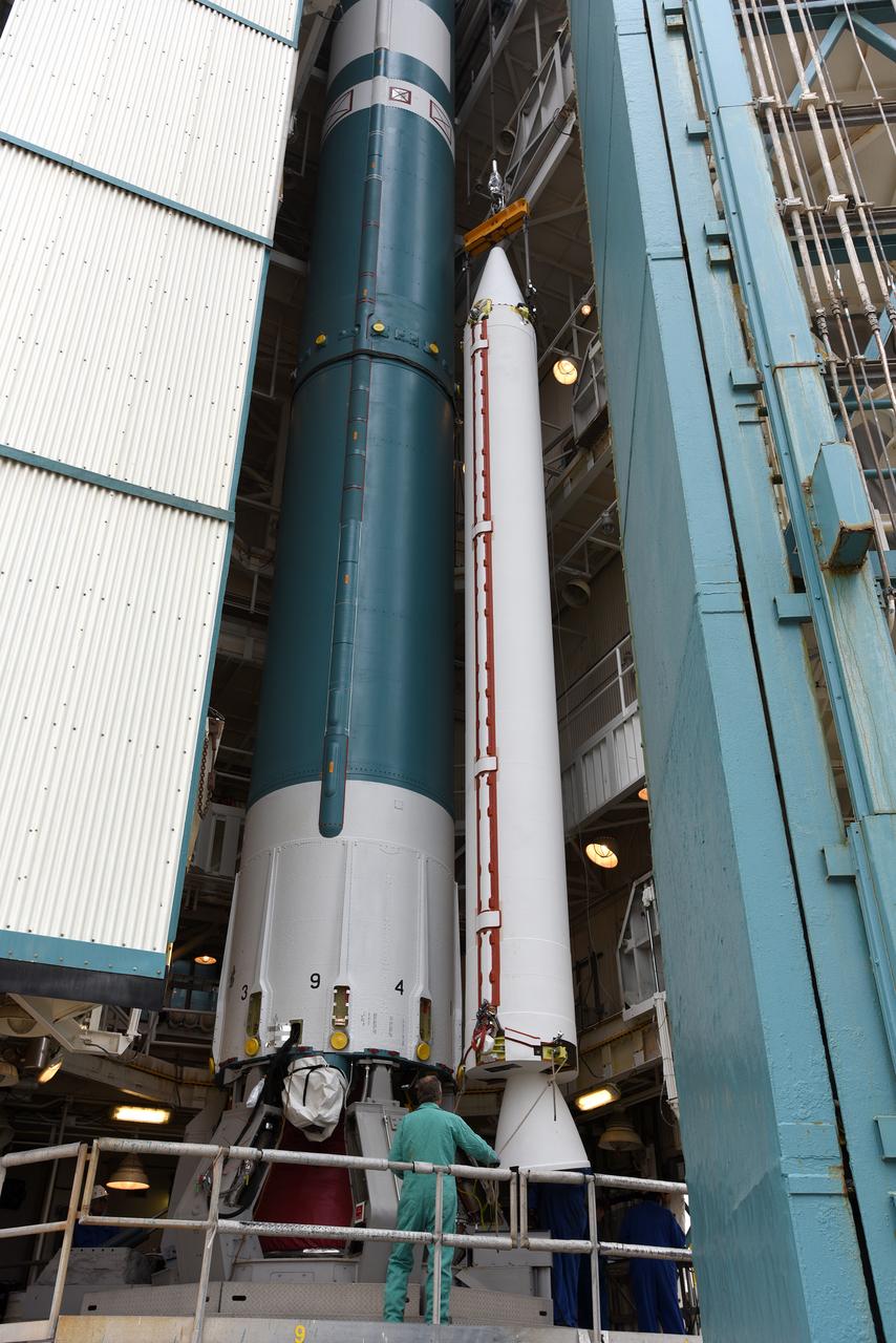 At Vandenberg Air Force Base in California, a solid rocket motor is attached to a United Launch Alliance Delta II rocket at Space Launch Complex 2. Preparations are continuing for launch of the Joint Polar Satellite System (JPSS-1) spacecraft on March 27, 2017. JPSS-1 is part of the next-generation environmental satellite system, a collaborative program between the National Oceanic and Atmospheric Administration (NOAA) and NASA.