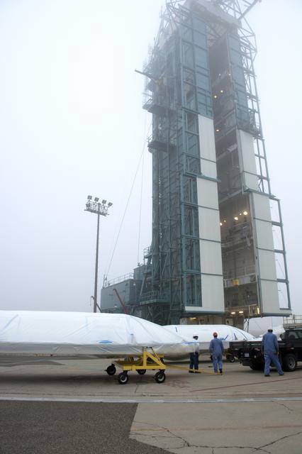 NASA image: Delta II JPSS-1 Fairing Bi-Sector Halves Hoisted to MST
