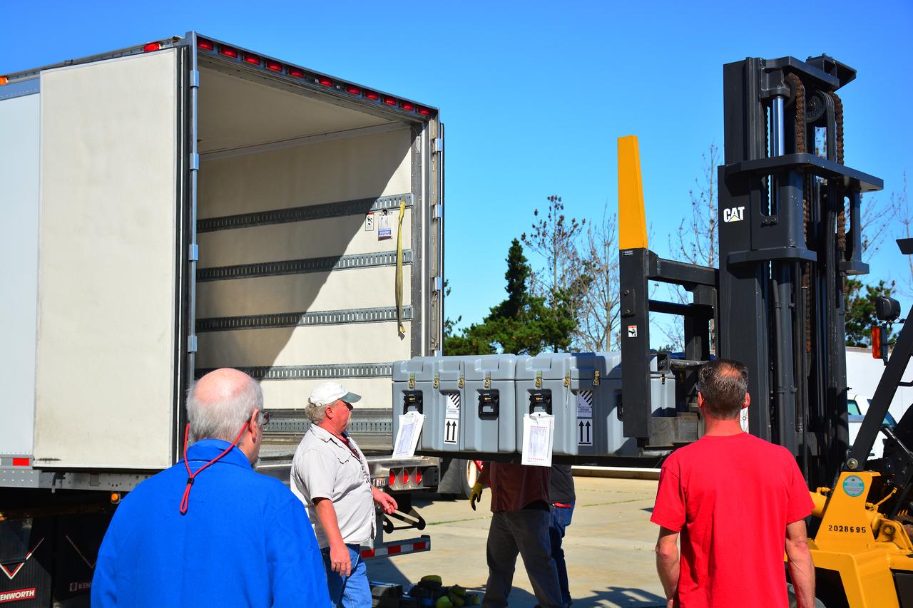 Parts for NASA’s Cyclone Global Navigation Satellite System (CYGNSS) arrive in a shipping container at Building 1555 at Vandenberg Air Force Base in California. CYGNSS is being prepared at Vandenberg, and then will be transported to NASA’s Kennedy Space Center in Florida in the Orbital ATK Pegasus XL rocket which will be attached to the Orbital ATK L-1011 carrier aircraft. CYNSS will launch on the Pegasus XL rocket from the Skid Strip at Cape Canaveral Air Force Station. CYGNSS will make frequent and accurate measurements of ocean surface winds throughout the life cycle of tropical storms and hurricanes. The data that CYGNSS provides will enable scientists to probe key air-sea interaction processes that take place near the core of storms, which are rapidly changing and play a critical role in the beginning and intensification of hurricanes.