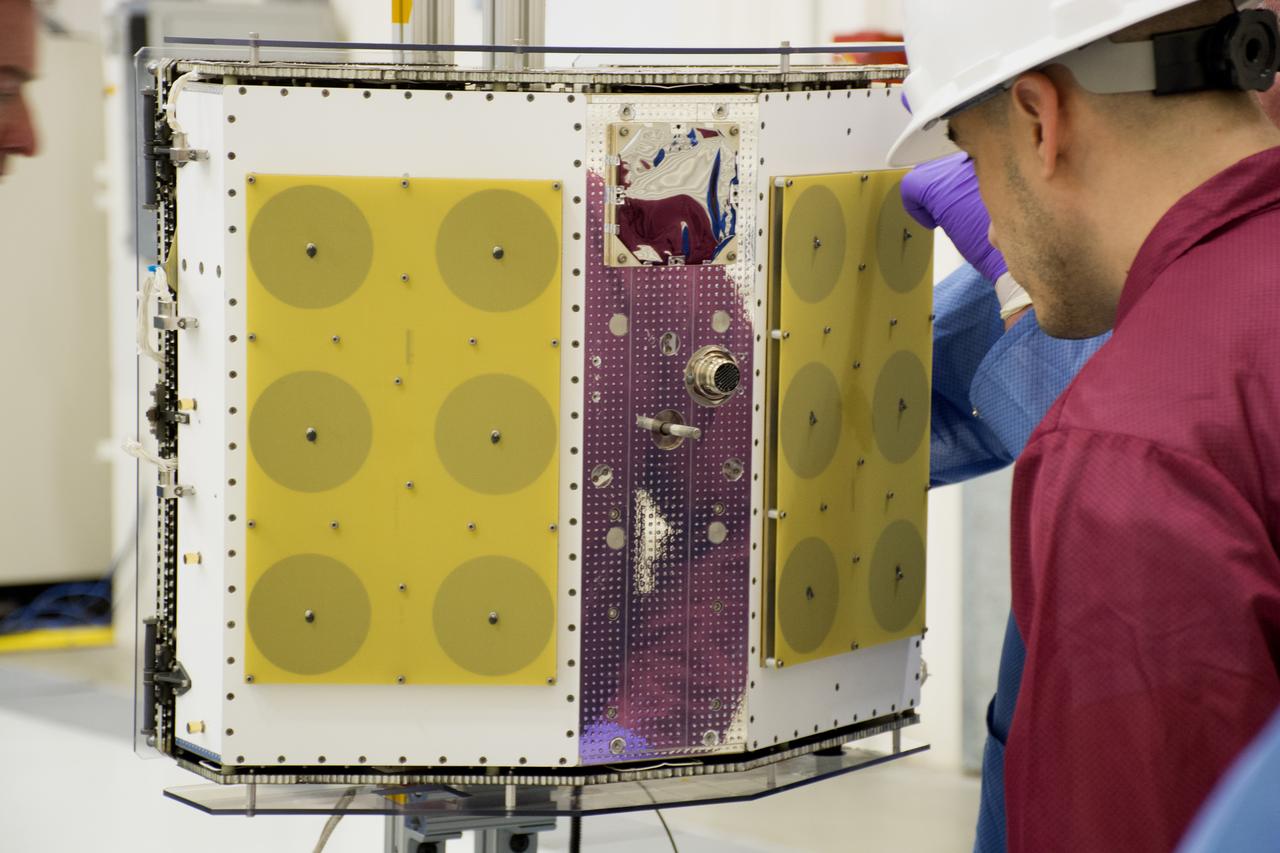 Inside Building 1555 at Vandenberg Air Force Base in California, one of eight NASA Cyclone Global Navigation Satellite System (CYGNSS) spacecraft is inspected. Processing activities will prepare the spacecraft for launch aboard an Orbital ATK Pegasus XL rocket. When preparations are competed at Vandenberg, the rocket will be transported to NASA’s Kennedy Space Center in Florida attached to the Orbital ATK L-1011 carrier aircraft with in its payload fairing. CYGNSS will launch on the Pegasus XL rocket from the Skid Strip at Cape Canaveral Air Force Station. CYGNSS will make frequent and accurate measurements of ocean surface winds throughout the life cycle of tropical storms and hurricanes. The data that CYGNSS provides will enable scientists to probe key air-sea interaction processes that take place near the core of storms, which are rapidly changing and play a critical role in the beginning and intensification of hurricanes.