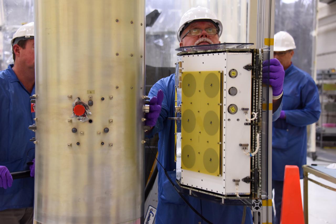 Technicians with Orbital ATK prepare the micro satellites for installation on the deployment module for NASA’s Cyclone Global Navigation Satellite System (CYGNSS) in Building 1555 at Vandenberg Air Force Base in California. CYGNSS is being prepared at Vandenberg, and then will be transported to NASA’s Kennedy Space Center in Florida aboard the Orbital ATK Pegasus XL rocket which will be attached to the Orbital ATK L-1011 carrier aircraft. CYGNSS will launch on the Pegasus XL rocket from the Skid Strip at Cape Canaveral Air Force Station. CYGNSS will make frequent and accurate measurements of ocean surface winds throughout the life cycle of tropical storms and hurricanes. The data that CYGNSS provides will enable scientists to probe key air-sea interaction processes that take place near the core of storms, which are rapidly changing and play a critical role in the beginning and intensification of hurricanes.
