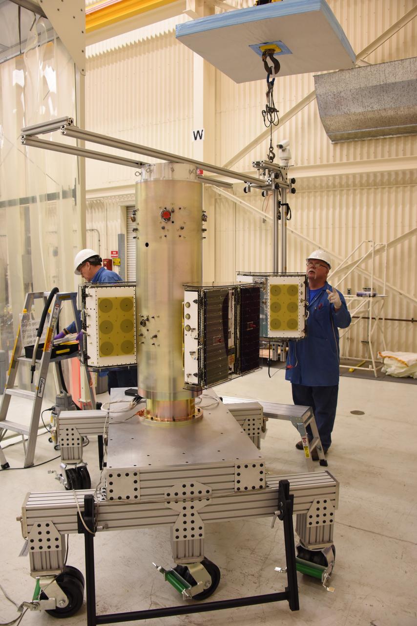 Technicians with Orbital ATK continue to install micro satellites on the deployment module for NASA’s Cyclone Global Navigation Satellite System (CYGNSS) in Building 1555 at Vandenberg Air Force Base in California. CYGNSS is being prepared at Vandenberg, and then will be transported to NASA’s Kennedy Space Center in Florida aboard the Orbital ATK Pegasus XL rocket which will be attached to the Orbital ATK L-1011 carrier aircraft. CYGNSS will launch on the Pegasus XL rocket from the Skid Strip at Cape Canaveral Air Force Station. CYGNSS will make frequent and accurate measurements of ocean surface winds throughout the life cycle of tropical storms and hurricanes. The data that CYGNSS provides will enable scientists to probe key air-sea interaction processes that take place near the core of storms, which are rapidly changing and play a critical role in the beginning and intensification of hurricanes.
