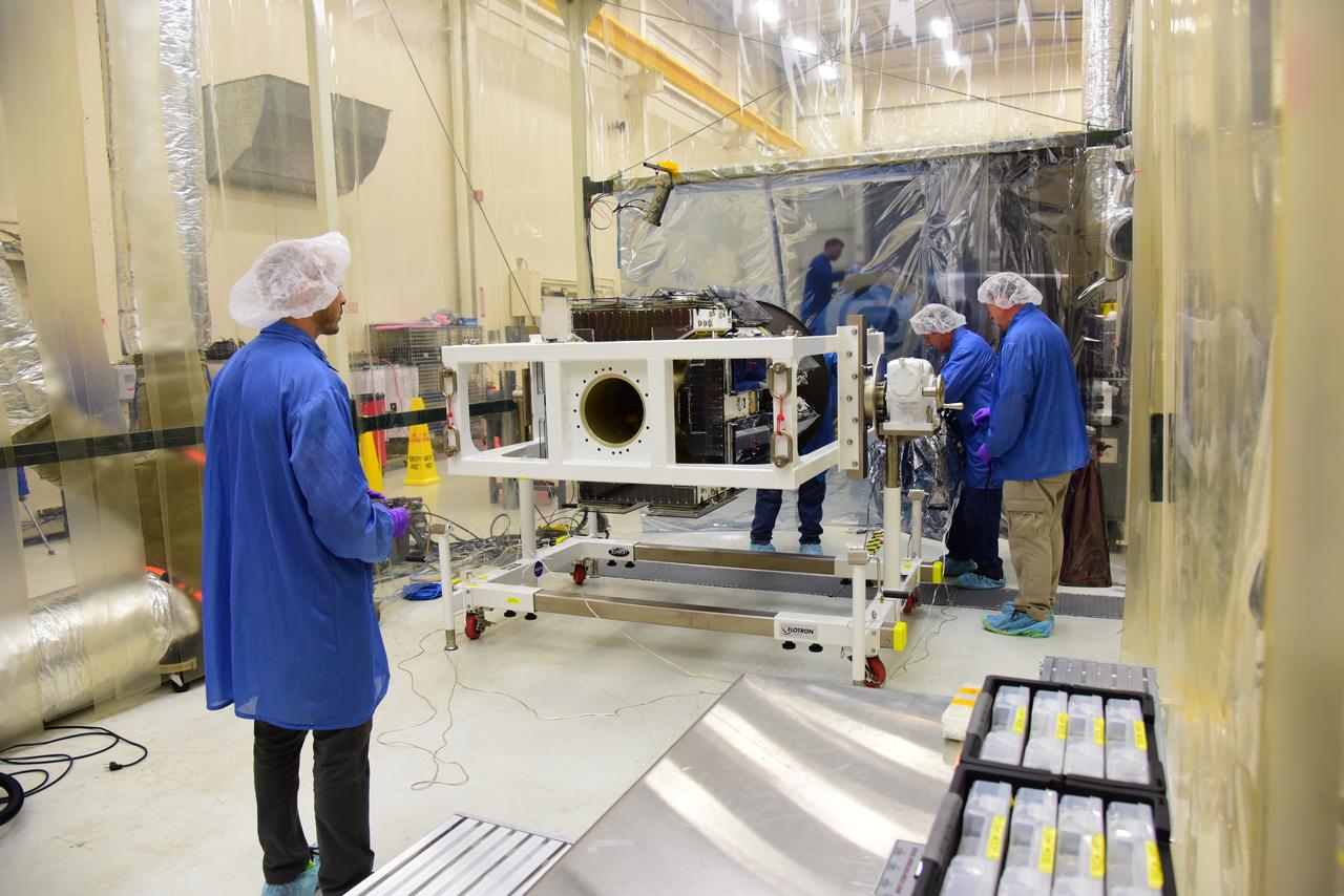Inside Building 1555 at Vandenberg Air Force Base in California, the eight NASA Cyclone Global Navigation Satellite System (CYGNSS) spacecraft installed on their deployment module undergo inspections prior to NASA’s Kennedy Space Center in Florida. Processing activities will prepare the spacecraft for launch aboard an Orbital ATK Pegasus XL rocket. When preparations are competed at Vandenberg, the rocket will be transported to Kennedy attached to the Orbital ATK L-1011 carrier aircraft with in its payload fairing. CYGNSS will launch on the Pegasus XL rocket from the Skid Strip at Cape Canaveral Air Force Station. CYGNSS will make frequent and accurate measurements of ocean surface winds throughout the life cycle of tropical storms and hurricanes. The data that CYGNSS provides will enable scientists to probe key air-sea interaction processes that take place near the core of storms, which are rapidly changing and play a critical role in the beginning and intensification of hurricanes.