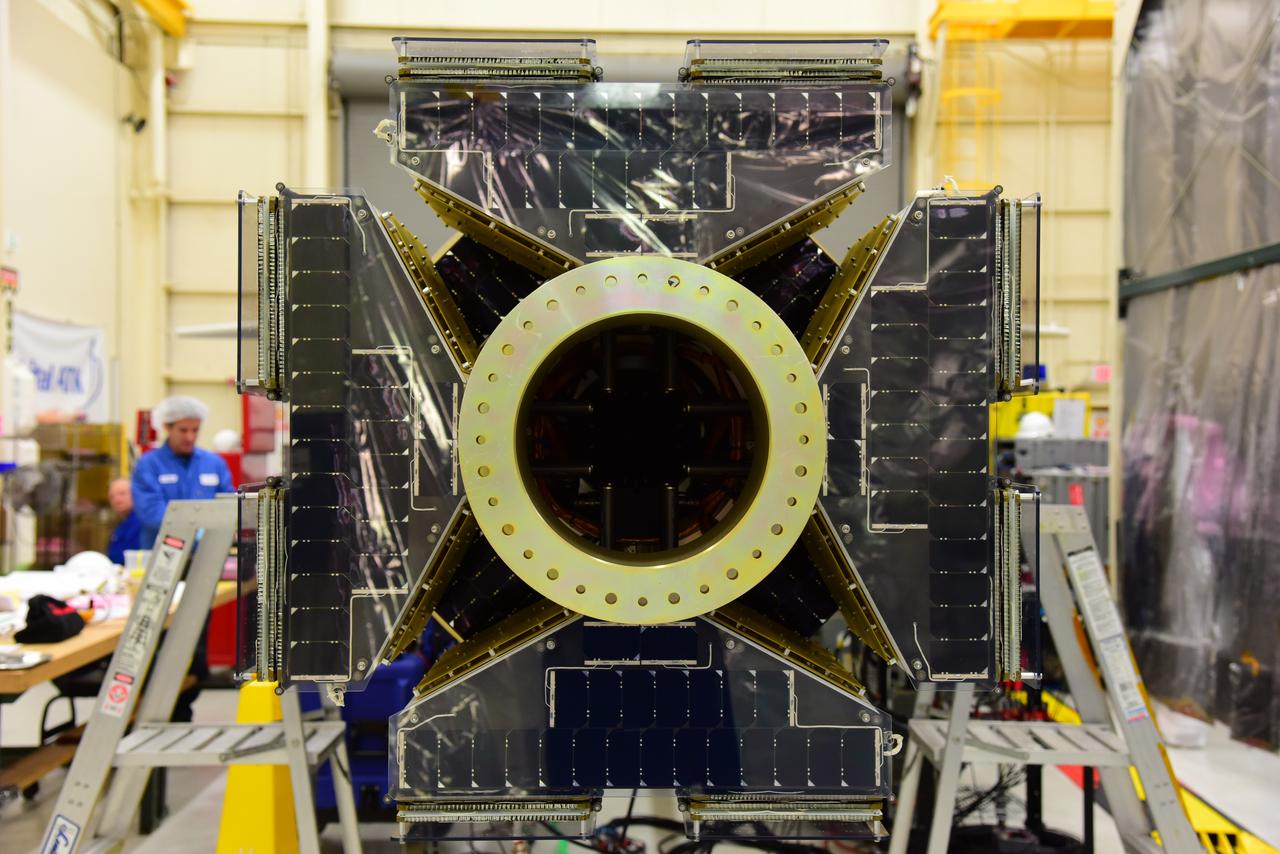 Inside Building 1555 at Vandenberg Air Force Base in California, the eight NASA Cyclone Global Navigation Satellite System (CYGNSS) spacecraft installed on their deployment module undergo inspections prior to NASA’s Kennedy Space Center in Florida. Processing activities will prepare the spacecraft for launch aboard an Orbital ATK Pegasus XL rocket. When preparations are competed at Vandenberg, the rocket will be transported to Kennedy attached to the Orbital ATK L-1011 carrier aircraft with in its payload fairing. CYGNSS will launch on the Pegasus XL rocket from the Skid Strip at Cape Canaveral Air Force Station. CYGNSS will make frequent and accurate measurements of ocean surface winds throughout the life cycle of tropical storms and hurricanes. The data that CYGNSS provides will enable scientists to probe key air-sea interaction processes that take place near the core of storms, which are rapidly changing and play a critical role in the beginning and intensification of hurricanes.