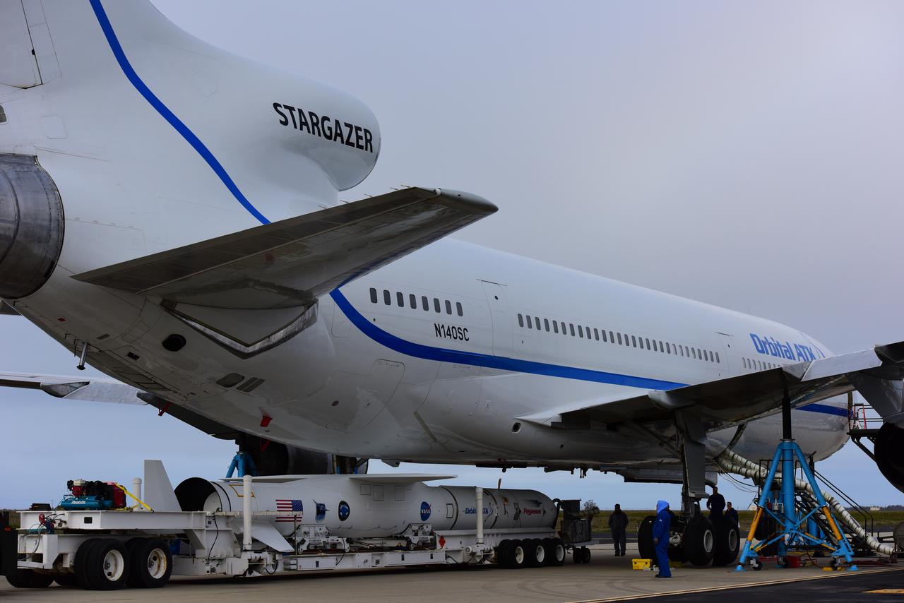 At Vandenberg Air Force Base in California, an Orbital ATK Pegasus XL rocket is mated to the company's L-1011 carrier aircraft near Vandenberg's runway. On board Pegasus are eight NASA Cyclone Global Navigation Satellite System, or CYGNSS, spacecraft. When preparations are competed at Vandenberg, the L-1011/Pegasus XL combination will be flown to NASA’s Kennedy Space Center in Florida. On Dec. 12, 2016, the carrier aircraft is scheduled to take off from the Skid Strip at Cape Canaveral Air Force Station and CYGNSS will launch on the Pegasus XL rocket with the L-1011 flying off shore. CYGNSS satellites will make frequent and accurate measurements of ocean surface winds throughout the life cycle of tropical storms and hurricanes. The data that CYGNSS provides will enable scientists to probe key air-sea interaction processes that take place near the core of storms, which are rapidly changing and play a critical role in the beginning and intensification of hurricanes.
