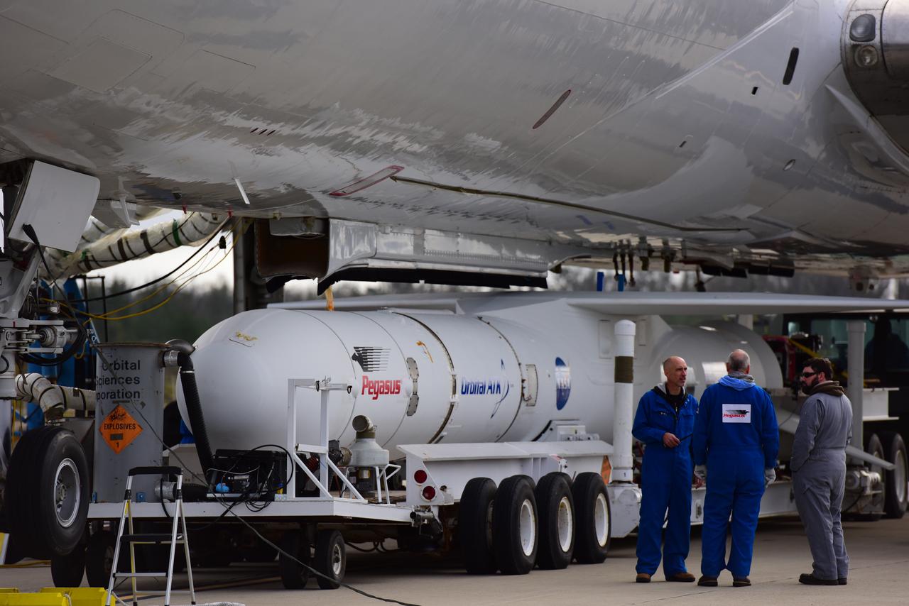 At Vandenberg Air Force Base in California, an Orbital ATK Pegasus XL rocket is mated to the company's L-1011 carrier aircraft near Vandenberg's runway. On board Pegasus are eight NASA Cyclone Global Navigation Satellite System, or CYGNSS, spacecraft. When preparations are competed at Vandenberg, the L-1011/Pegasus XL combination will be flown to NASA’s Kennedy Space Center in Florida. On Dec. 12, 2016, the carrier aircraft is scheduled to take off from the Skid Strip at Cape Canaveral Air Force Station and CYGNSS will launch on the Pegasus XL rocket with the L-1011 flying off shore. CYGNSS satellites will make frequent and accurate measurements of ocean surface winds throughout the life cycle of tropical storms and hurricanes. The data that CYGNSS provides will enable scientists to probe key air-sea interaction processes that take place near the core of storms, which are rapidly changing and play a critical role in the beginning and intensification of hurricanes.