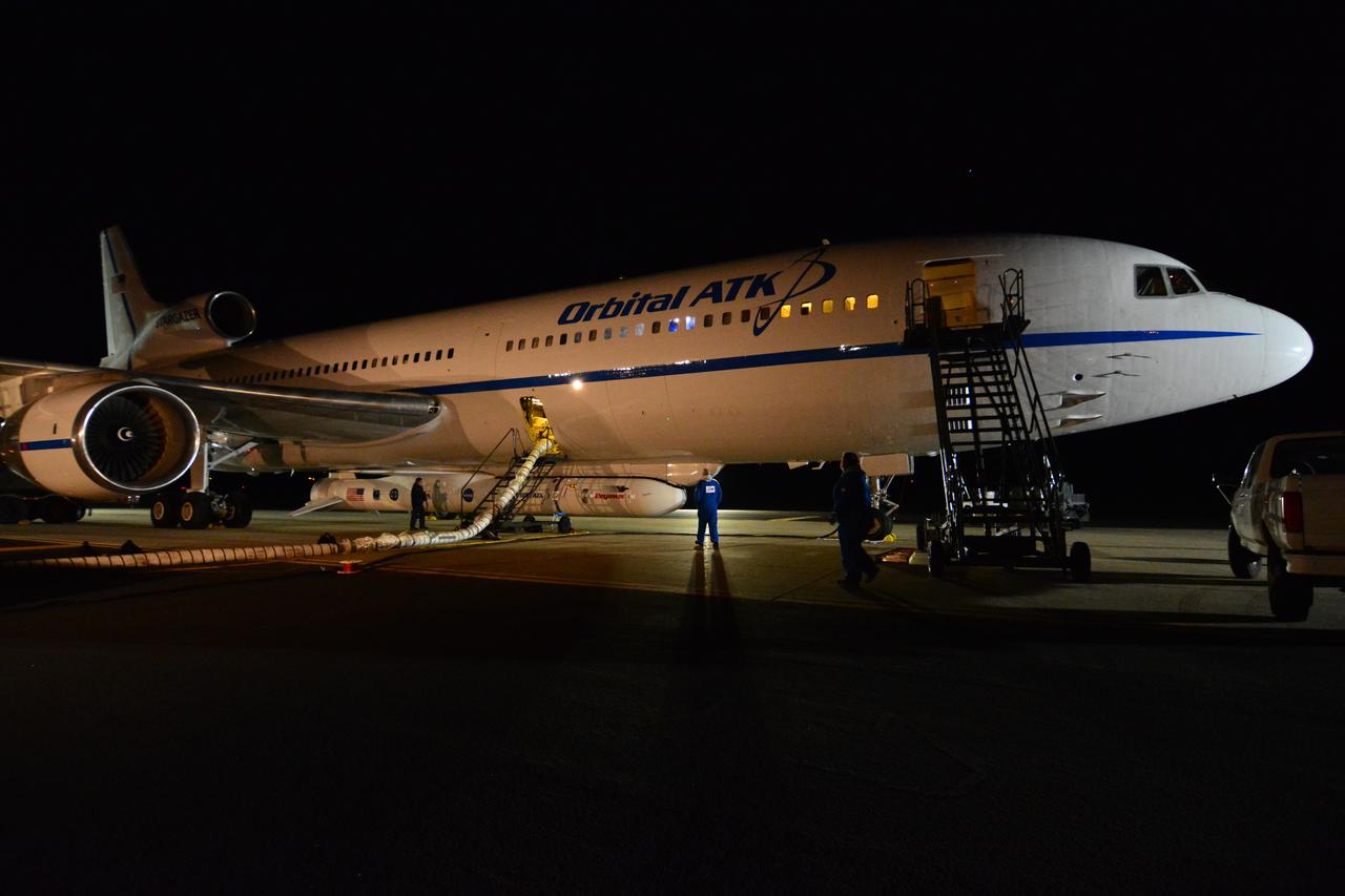 At Vandenberg Air Force Base in California, the Orbital ATK L-1011 Stargazer, with a Pegasus XL rocket mated to the underside of the aircraft, is prepared for takeoff. On board Pegasus XL are eight NASA Cyclone Global Navigation Satellite System, or CYGNSS, spacecraft. When preparations are competed at Vandenberg, the /Pegasus XL combination will be flown to NASA’s Kennedy Space Center in Florida. On Dec. 12, 2016, the carrier aircraft is scheduled to take off from the Skid Strip at Cape Canaveral Air Force Station and CYGNSS will launch on the Pegasus XL rocket with the L-1011 flying off shore. CYGNSS satellites will make frequent and accurate measurements of ocean surface winds throughout the life cycle of tropical storms and hurricanes. The data that CYGNSS provides will help scientists to probe key air-sea interaction processes that take place near the core of storms, which are rapidly changing and play a crucial role in the beginning and intensification of hurricanes.