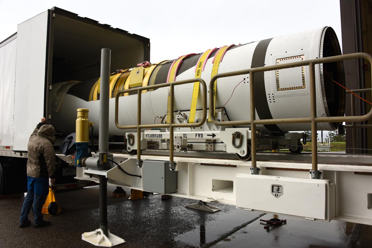 The first stage motor for the Orbital ATK Pegasus XL rocket is offloaded from a truck at Building 1555 at Vandenberg Air Force Base in California. The Pegasus rocket is being prepared for NASA's Ionospheric Connection Explorer, or ICON, mission. ICON will launch from the Kwajalein Atoll aboard the Pegasus XL on Dec. 8, 2017. ICON will study the frontier of space - the dynamic zone high in Earth's atmosphere where terrestrial weather from below meets space weather above. The explorer will help determine the physics of Earth's space environment and pave the way for mitigating its effects on our technology, communications systems and society. 