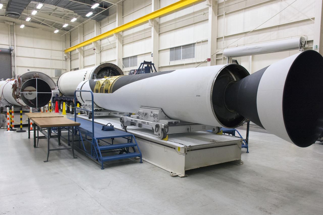 The first stage motor for the Orbital ATK Pegasus XL rocket was moved inside Building 1555 at Vandenberg Air Force Base in California. In the background are the second and third stage segments. The rocket is being prepared for NASA's Ionospheric Connection Explorer, or ICON, mission. ICON will launch from the Kwajalein Atoll aboard the Pegasus XL on Dec. 8, 2017. ICON will study the frontier of space - the dynamic zone high in Earth's atmosphere where terrestrial weather from below meets space weather above. The explorer will help determine the physics of Earth's space environment and pave the way for mitigating its effects on our technology, communications systems and society.