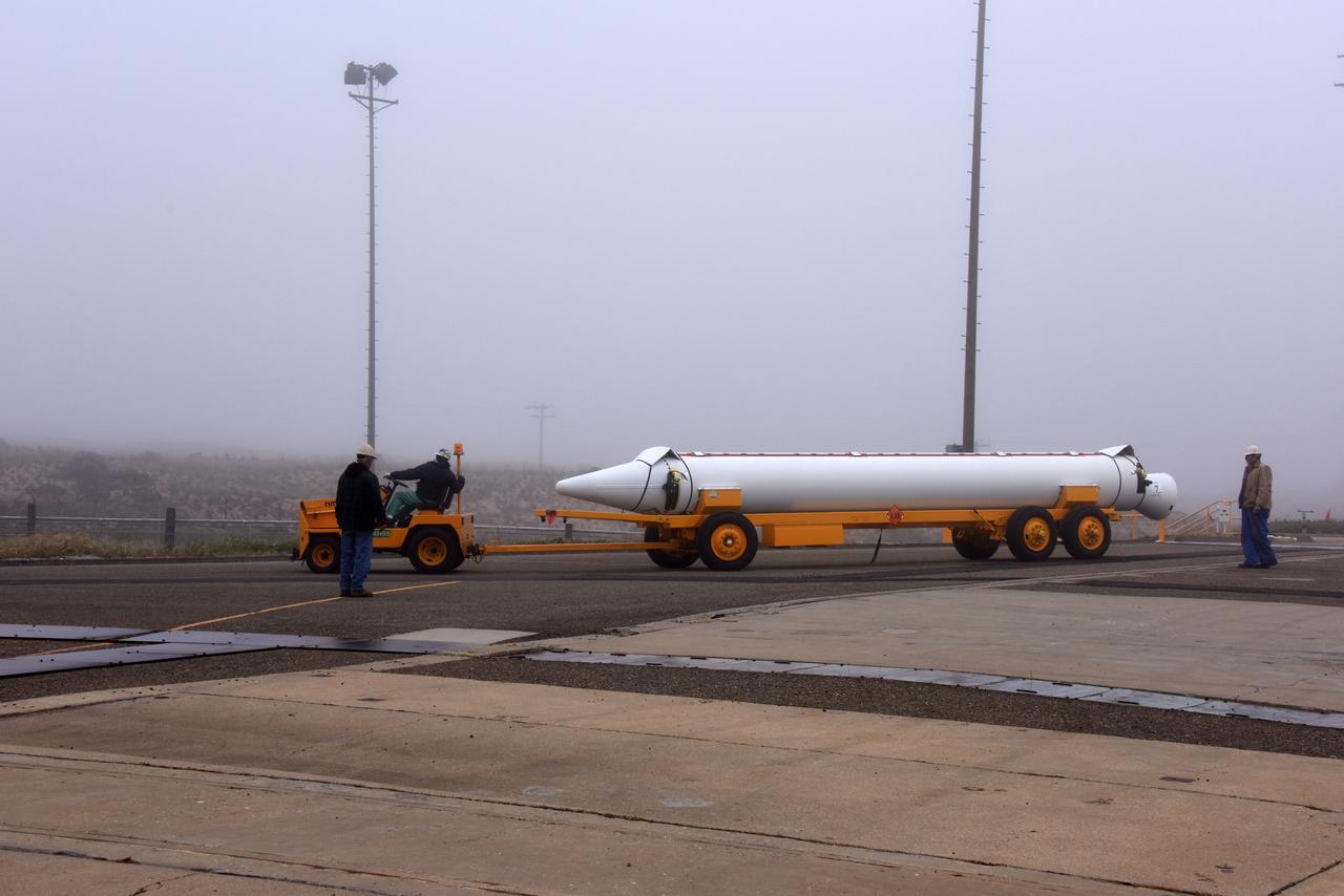The United Launch Alliance/Orbital ATK Delta II solid rocket motor is towed to Space Launch Complex 2 at Vandenberg Air Force Base in California. The rocket motor will be mated to the Delta II first stage in preparation for launch of the Joint Polar Satellite System-1 (JPSS-1) later this year. JPSS, a next-generation environmental satellite system, is a collaborative program between the National Oceanic and Atmospheric Administration (NOAA) and NASA.