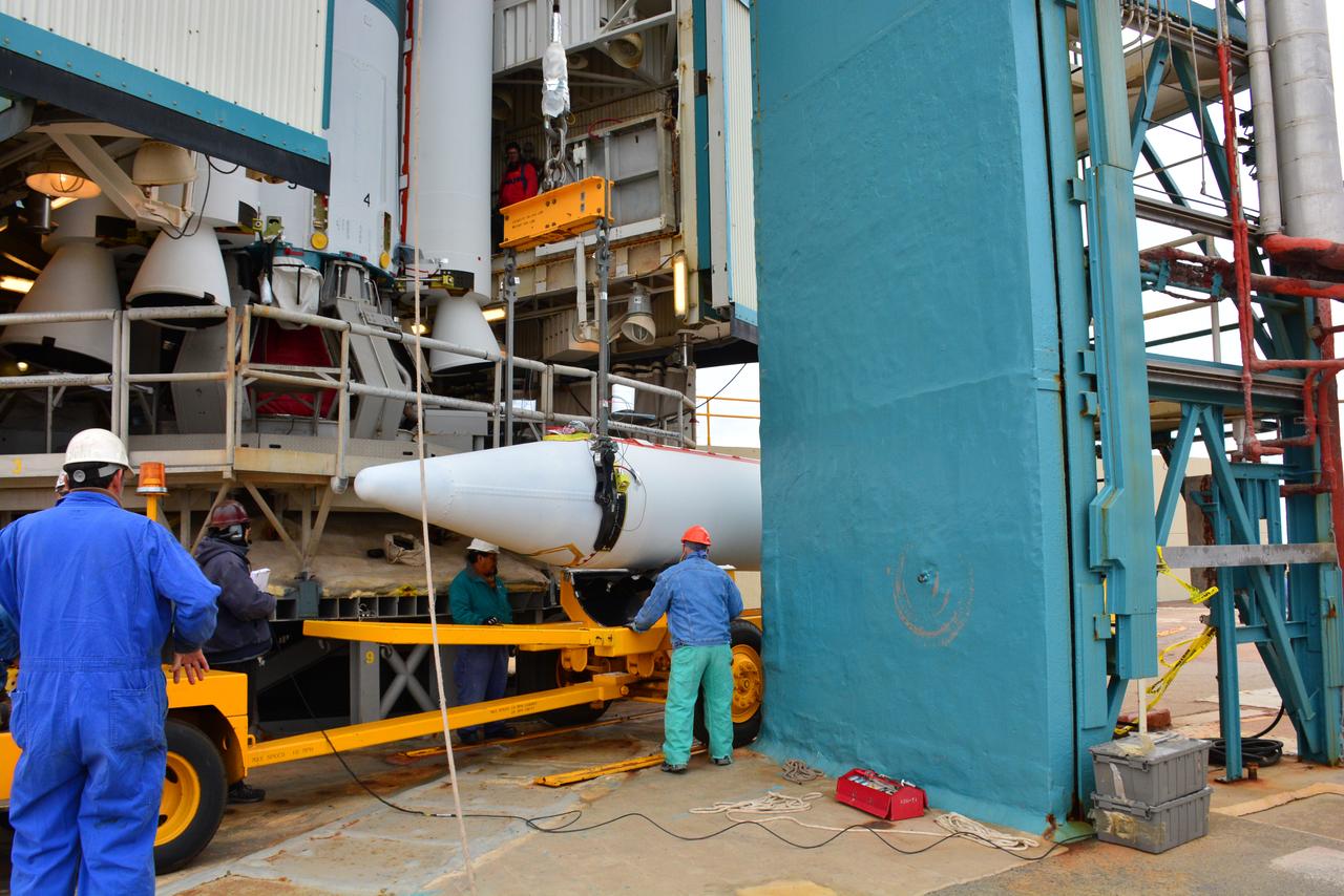 Technicians and engineers at Space Launch Complex 2 at Vandenberg Air Force Base in California, prepare to lift a United Launch Alliance/Orbital ATK solid rocket motor for mating to a Delta II rocket in preparation for launch of the Joint Polar Satellite System-1 (JPSS-1) later this year. JPSS, a next-generation environmental satellite system, is a collaborative program between the National Oceanic and Atmospheric Administration (NOAA) and NASA.
