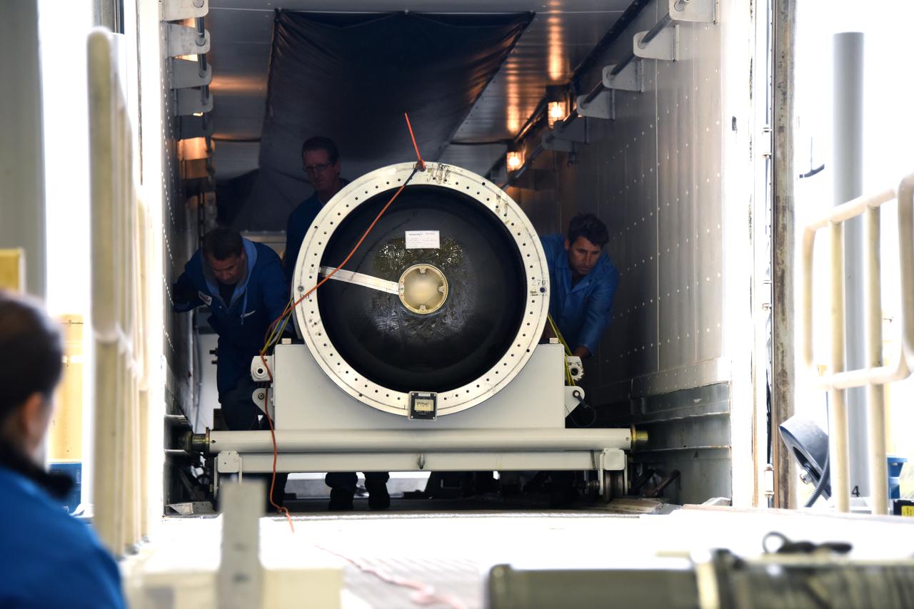 The third stage of the Orbital ATK Pegasus XL rocket is offloaded from a transport vehicle at Building 1555 at Vandenberg Air Force Base in California. The rocket is being prepared for NASA's Ionospheric Connection Explorer, or ICON, mission. ICON will launch from the Kwajalein Atoll aboard the Pegasus XL on Dec. 8, 2017. ICON will study the frontier of space - the dynamic zone high in Earth's atmosphere where terrestrial weather from below meets space weather above. The explorer will help determine the physics of Earth's space environment and pave the way for mitigating its effects on our technology, communications systems and society. 