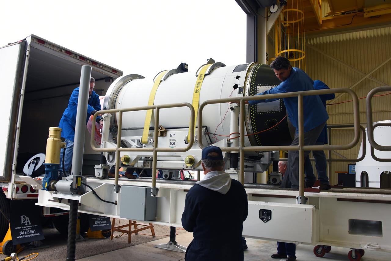 The third stage of the Orbital ATK Pegasus XL rocket is offloaded from a transport vehicle at Building 1555 at Vandenberg Air Force Base in California. The rocket is being prepared for NASA's Ionospheric Connection Explorer, or ICON, mission. ICON will launch from the Kwajalein Atoll aboard the Pegasus XL on Dec. 8, 2017. ICON will study the frontier of space - the dynamic zone high in Earth's atmosphere where terrestrial weather from below meets space weather above. The explorer will help determine the physics of Earth's space environment and pave the way for mitigating its effects on our technology, communications systems and society. 
