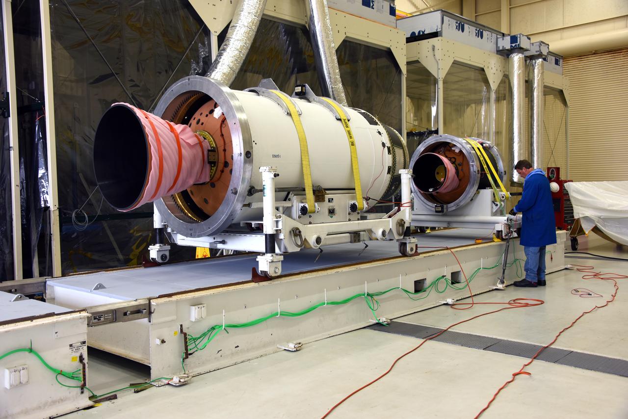 The second and third stages of the Orbital ATK Pegasus XL rocket are offloaded from a transport vehicle at Building 1555 at Vandenberg Air Force Base in California. The rocket is being prepared for NASA's Ionospheric Connection Explorer, or ICON, mission. ICON will launch from the Kwajalein Atoll aboard the Pegasus XL on Dec. 8, 2017. ICON will study the frontier of space - the dynamic zone high in Earth's atmosphere where terrestrial weather from below meets space weather above. The explorer will help determine the physics of Earth's space environment and pave the way for mitigating its effects on our technology, communications systems and society.