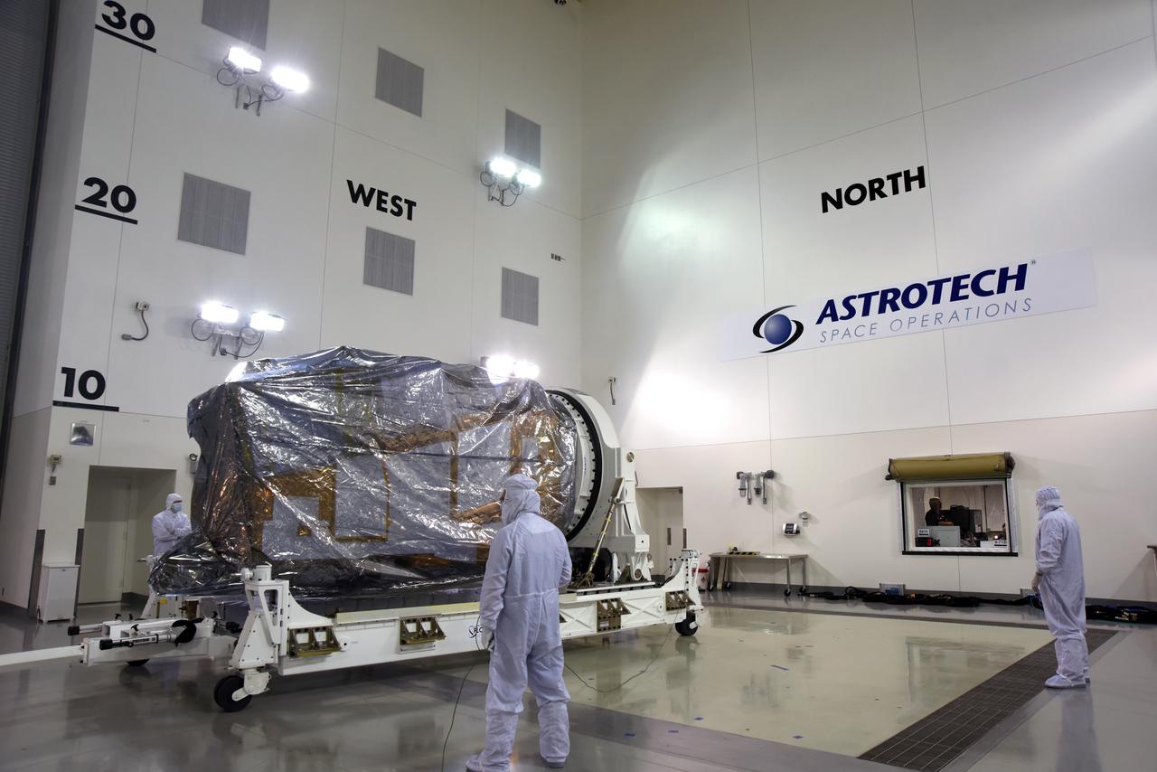 Inside the Astrotech Processing Facility at Vandenberg Air Force Base in California, technicians and engineers have completed removal of the Joint Polar Satellite System-1, or JPSS-1 from it shipping container. JPSS is the first in a series four next-generation environmental satellites in a collaborative program between the National Oceanic and Atmospheric Administration (NOAA) and NASA. The satellite is scheduled to liftoff Nov. 10, 2017 atop a United Launch Alliance Delta II rocket.