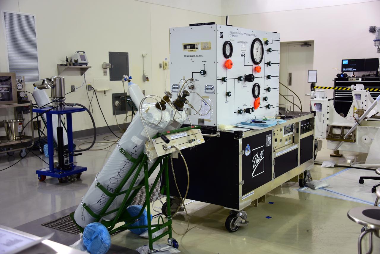 Equipment is set up for the processing of NOAA's Joint Polar Satellite System-1, or JPSS-1, inside the Astrotech Processing Facility at Vandenberg Air Force Base in California. The spacecraft is being prepared for its upcoming liftoff aboard a United Launch Alliance Delta II rocket from Vandenberg's Space Launch Complex-2W. JPSS-1 is the first in a series four next-generation environmental satellites in a collaborative program between NOAA and NASA.