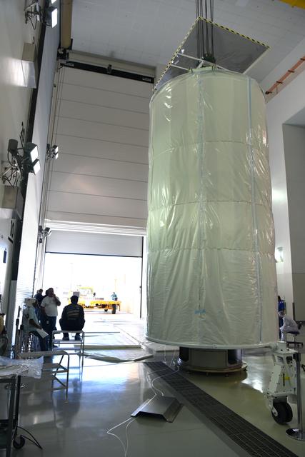 NASA image: JPSS-1 Spacecraft Canning and Lift to Transport Trailer