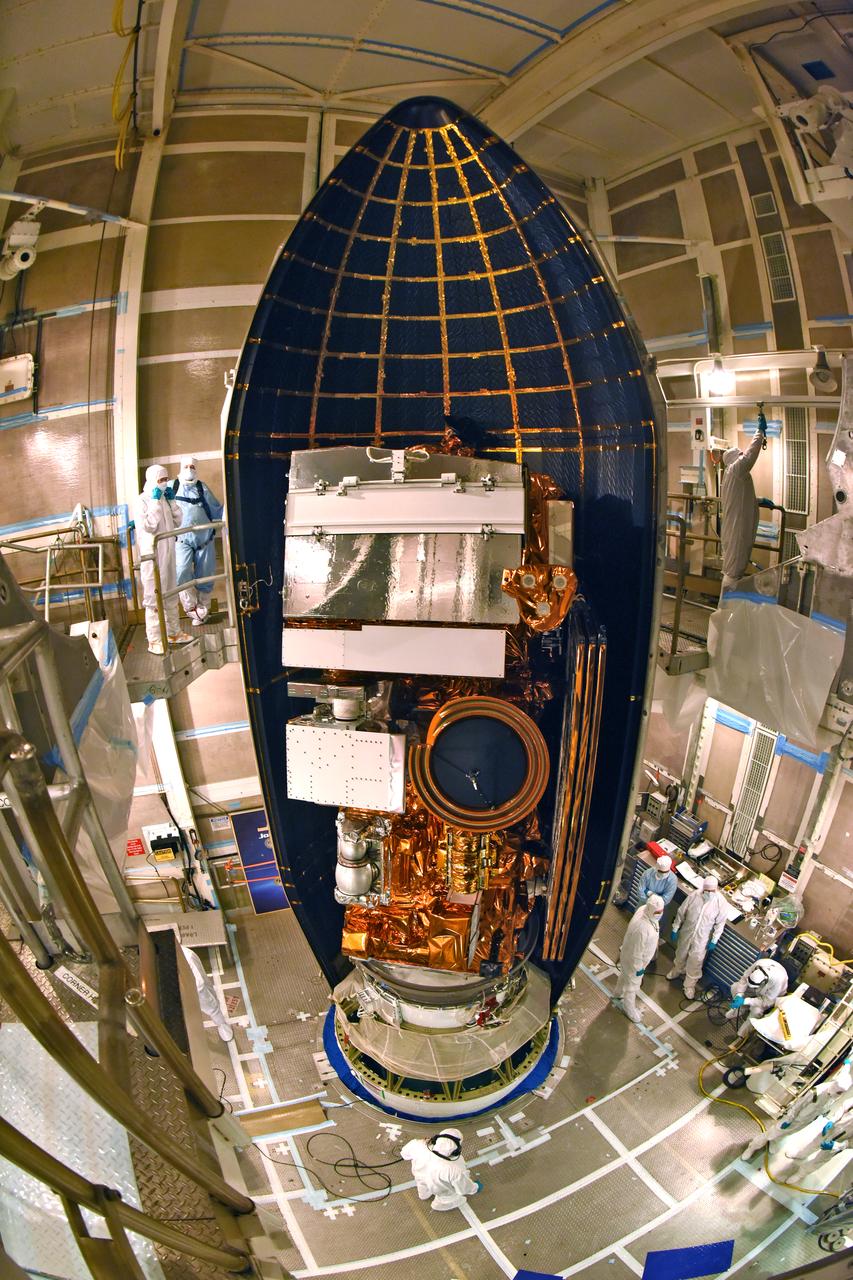 At Vandenberg Air Force Base in California, this wide angle view shows the payload fairing as it is installed encapsulating the Joint Polar Satellite System-1, or JPSS-1, spacecraft atop a United Launch Alliance Delta II rocket at Space Launch Complex 2. Built by Ball Aerospace and Technologies Corp. of Boulder, Colorado, JPSS is the first in a series four next-generation environmental satellites in a collaborative program between the NOAA and NASA. Liftoff is scheduled to take place from Vandenberg's Space Launch Complex 2 at 1:47 a.m. PST (4:47 a.m. EST), on Nov. 14, 2017.