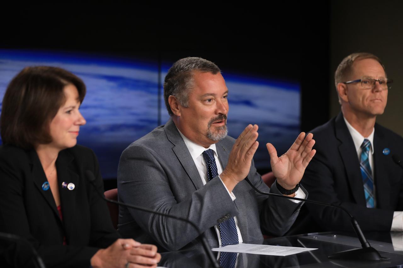 At Vandenberg Air Force Base in California, NASA and industry leaders speak to members of the media at a prelaunch news conference for the Joint Polar Satellite System-1, or JPSS-1. Participants, from left, are Sandra Smalley, director of the Joint Agency Satellite Division at NASA Headquarters, Omar Baez, NASA launch director, and Scott Messer, United Launch Alliance program manager for NASA missions. Built by Ball Aerospace and Technologies Corp. of Boulder, Colorado, JPSS is the first in a series four next-generation environmental satellites in a collaborative program between the NOAA and NASA. Liftoff atop a United Launch Alliance Delta II rocket is scheduled to take place from Vandenberg's Space Launch Complex 2 at 1:47 a.m. PST (4:47 a.m. EST), on Nov. 14, 2017.