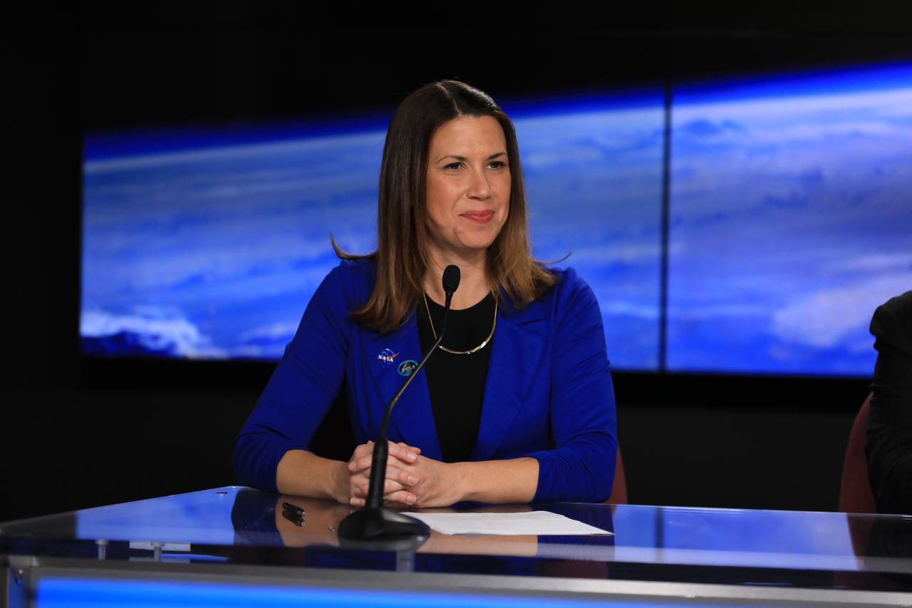 At Vandenberg Air Force Base in California, Tori McLendon, speaks to members of the media at a prelaunch news conference for the Joint Polar Satellite System-1, or JPSS-1. Built by Ball Aerospace and Technologies Corp. of Boulder, Colorado, JPSS is the first in a series four next-generation environmental satellites in a collaborative program between the NOAA and NASA. Liftoff atop a United Launch Alliance Delta II rocket is scheduled to take place from Vandenberg's Space Launch Complex 2 at 1:47 a.m. PST (4:47 a.m. EST), on Nov. 14, 2017.