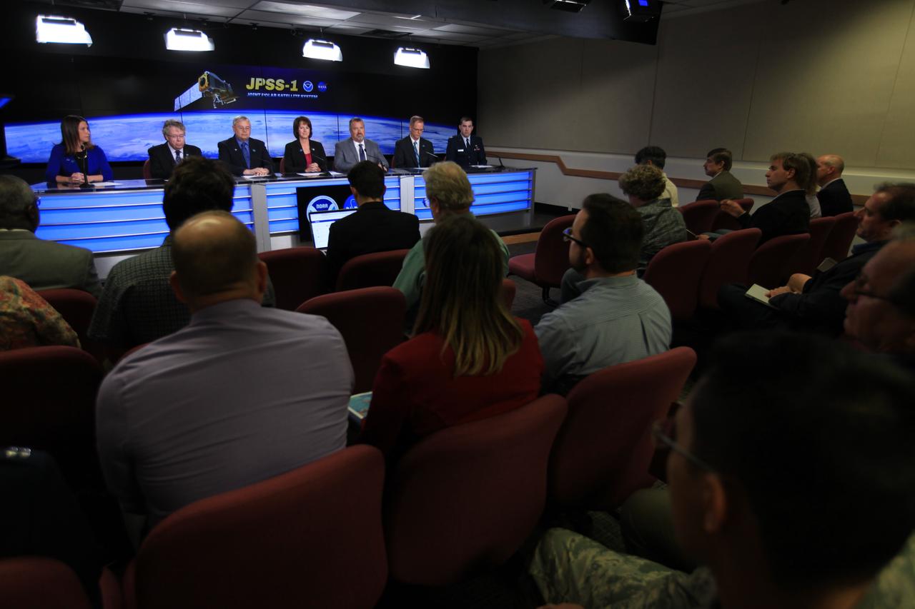 At Vandenberg Air Force Base in California, NASA and industry leaders speak to members of the media at a prelaunch news conference for the Joint Polar Satellite System-1, or JPSS-1. Participants, from left, are Tori McLendon of NASA Communications, Steve Volz, director of NOAA’s Satellite and Information Service, Greg Mandt, director of the NOAA Joint Polar Satellite System Program, Sandra Smalley, director of the Joint Agency Satellite Division at NASA Headquarters, Omar Baez, NASA launch director, Scott Messer, United Launch Alliance program manager for NASA missions, and U. S. Air Force Capt. Ross Malugani, launch weather officer at Vandenberg's 30th Space Wing. Built by Ball Aerospace and Technologies Corp. of Boulder, Colorado, JPSS is the first in a series four next-generation environmental satellites in a collaborative program between the NOAA and NASA. Liftoff atop a United Launch Alliance Delta II rocket is scheduled to take place from Vandenberg's Space Launch Complex 2 at 1:47 a.m. PST (4:47 a.m. EST), on Nov. 14, 2017.