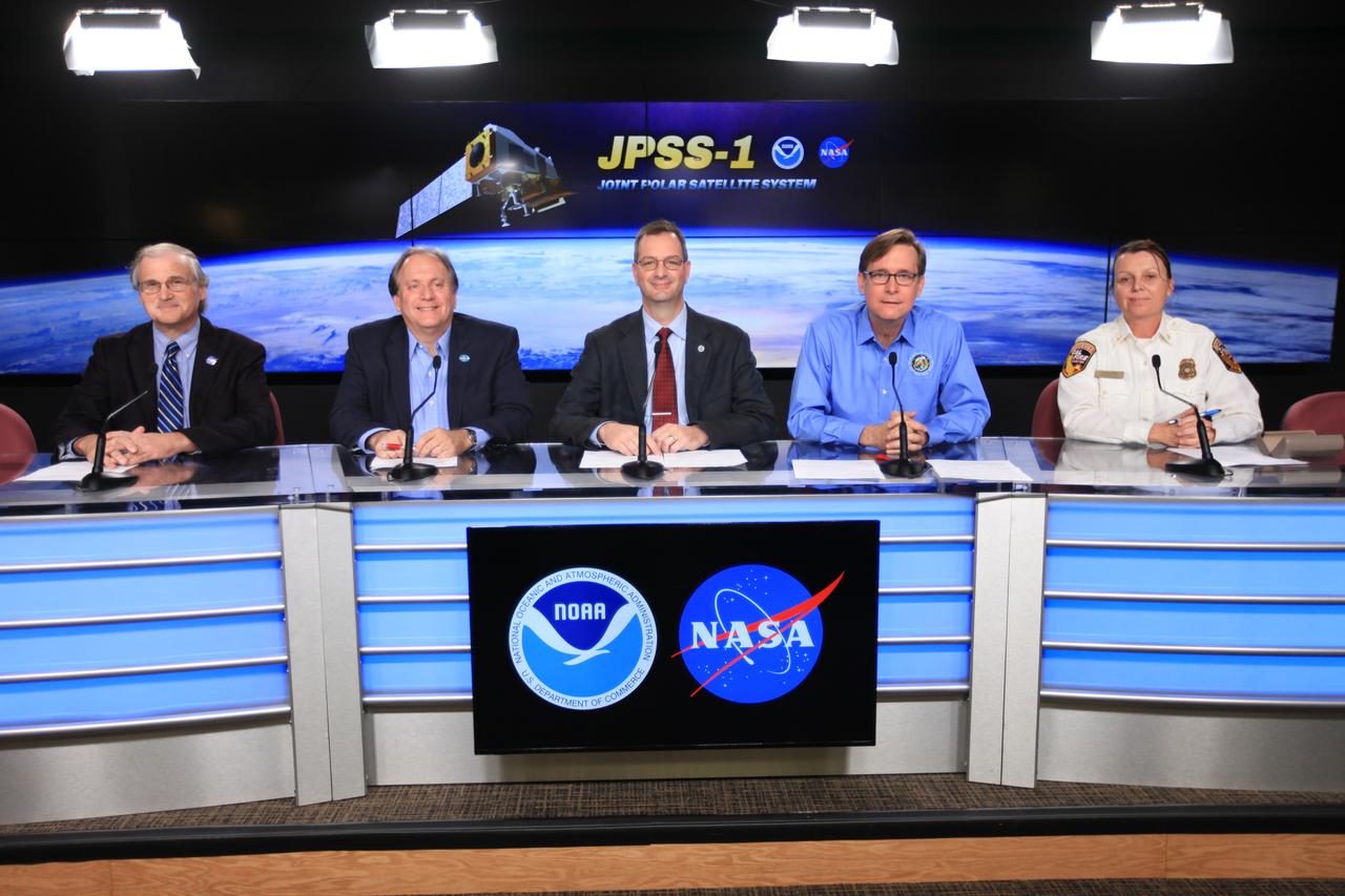 At Vandenberg Air Force Base in California, leaders from NASA, NOAA and the California Department of Forestry and Fire Protection speak to members of the media during a briefing focused on research planned for the Joint Polar Satellite System-1, or JPSS-1. Participants from left are Steve Cole of NASA Communications, Mitch Goldberg, NOAA's chief program scientist for the Joint Polar Satellite System, Joe Pica, director of NOAA’s National Weather Service Office of Observations, James Gleason, NASA senior project scientist for the Joint Polar Satellite System, and Jana Luis, division chief Predictive Services at the California Department of Forestry and Fire Protection. Built by Ball Aerospace and Technologies Corp. of Boulder, Colorado, JPSS is the first in a series four next-generation environmental satellites in a collaborative program between the NOAA and NASA. Liftoff atop a United Launch Alliance Delta II rocket is scheduled to take place from Vandenberg's Space Launch Complex 2 at 1:47 a.m. PST (4:47 a.m. EST), on Nov. 14, 2017.