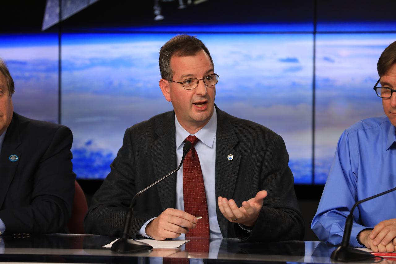 At Vandenberg Air Force Base in California, Joe Pica, director of NOAA’s National Weather Service Office of Observations, speaks to members of the media during a briefing focused on research planned for the Joint Polar Satellite System-1, or JPSS-1. Built by Ball Aerospace and Technologies Corp. of Boulder, Colorado, JPSS is the first in a series four next-generation environmental satellites in a collaborative program between the NOAA and NASA. Liftoff atop a United Launch Alliance Delta II rocket is scheduled to take place from Vandenberg's Space Launch Complex 2 at 1:47 a.m. PST (4:47 a.m. EST), on Nov. 14, 2017.