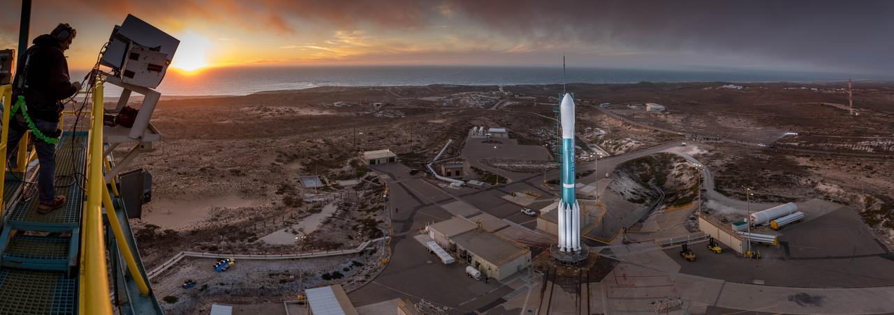 At Vandenberg Air Force Base in California, this panoramic view shows the United Launch Alliance Delta II rocket at Space Launch Complex 2 from the gantry shortly after rollback. Preparations are underway to launch the Joint Polar Satellite System-1, or JPSS-1, spacecraft built by Ball Aerospace and Technologies Corp. of Boulder, Colorado. JPSS is the first in a series four next-generation environmental satellites in a collaborative program between the NOAA and NASA.