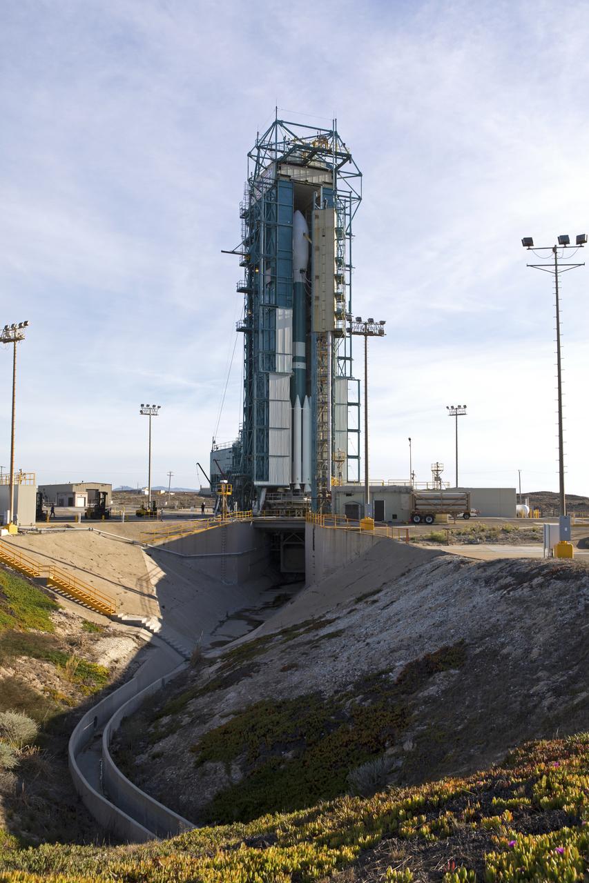 At Vandenberg Air Force Base in California, the gantry rolls back at Space Launch Complex 2 in preparation for the liftoff of the Joint Polar Satellite System-1, or JPSS-1, spacecraft. The United Launch Alliance Delta II rocket now is poised to boost the satellite to a polar orbit. Built by Ball Aerospace and Technologies Corp. of Boulder, Colorado, JPSS is the first in a series four next-generation environmental satellites in a collaborative program between NOAA and NASA. The satellite is scheduled to liftoff at 1:47 a.m. PST (4:47 a.m. EST), on Nov. 14, 2017.