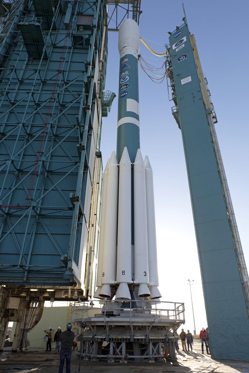 At Vandenberg Air Force Base in California, the gantry rolls back at Space Launch Complex 2 in preparation for the liftoff of the Joint Polar Satellite System-1, or JPSS-1, spacecraft. The United Launch Alliance Delta II rocket now is poised to boost the satellite to a polar orbit. Built by Ball Aerospace and Technologies Corp. of Boulder, Colorado, JPSS is the first in a series four next-generation environmental satellites in a collaborative program between NOAA and NASA. The satellite is scheduled to liftoff at 1:47 a.m. PST (4:47 a.m. EST), on Nov. 14, 2017.