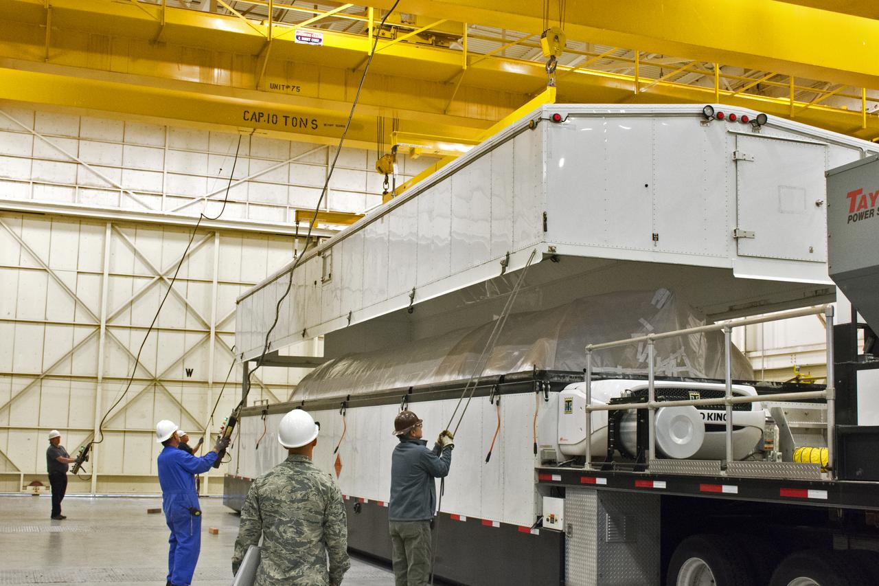 Inside Building B7525 at Vandenberg Air Force Base in California, the Centaur upper stage for a United Launch Alliance Atlas V rocket is offloaded from a transport truck. The launch vehicle will send NASA's Interior Exploration using Seismic Investigations, Geodesy and Heat Transport, or InSight, spacecraft to land on Mars. InSight is the first mission to explore the Red Planet's deep interior. It will investigate processes that shaped the rocky planets of the inner solar system including Earth. Liftoff from Vandenberg is scheduled for May 5, 2018.