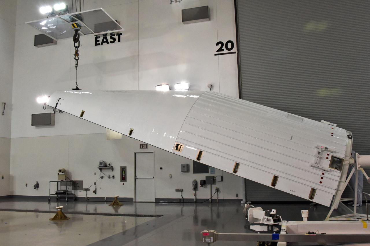 In the Astrotech facility at Vandenberg Air Force Base in California, the payload fairing for the United Launch Alliance (ULA) Atlas V for NASA's upcoming Interior Exploration using Seismic Investigations, Geodesy and Heat Transport, or InSight, mission to land on Mars is lifted to the vertical position. InSight is the first mission to explore the Red Planet's deep interior. It will investigate processes that shaped the rocky planets of the inner solar system including Earth. Liftoff atop a ULA Atlas V rocket is scheduled for May 5, 2018.