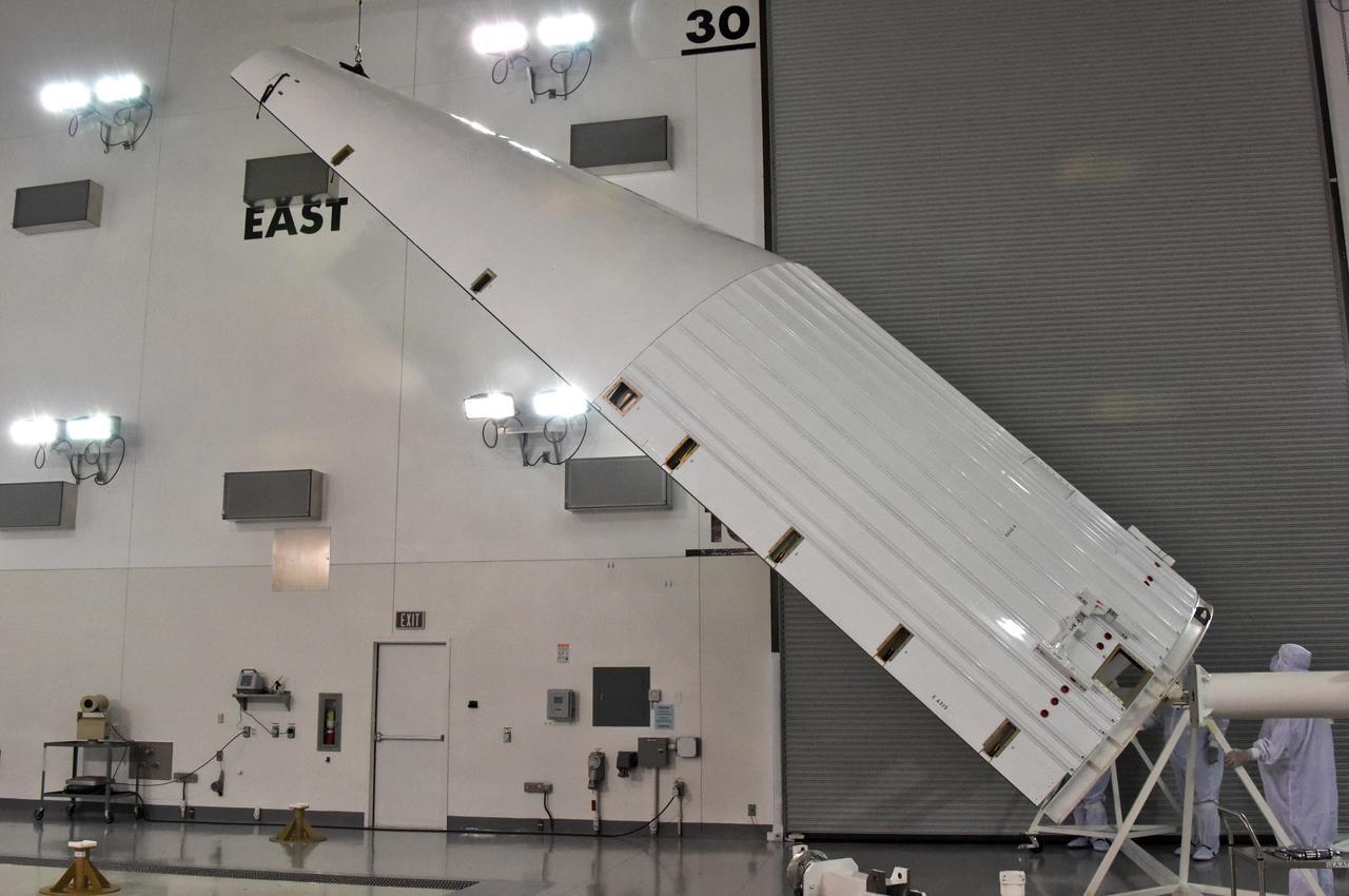 In the Astrotech facility at Vandenberg Air Force Base in California, the payload fairing for the United Launch Alliance (ULA) Atlas V for NASA's upcoming Interior Exploration using Seismic Investigations, Geodesy and Heat Transport, or InSight, mission to land on Mars is lifted to the vertical position. InSight is the first mission to explore the Red Planet's deep interior. It will investigate processes that shaped the rocky planets of the inner solar system including Earth. Liftoff atop a ULA Atlas V rocket is scheduled for May 5, 2018.