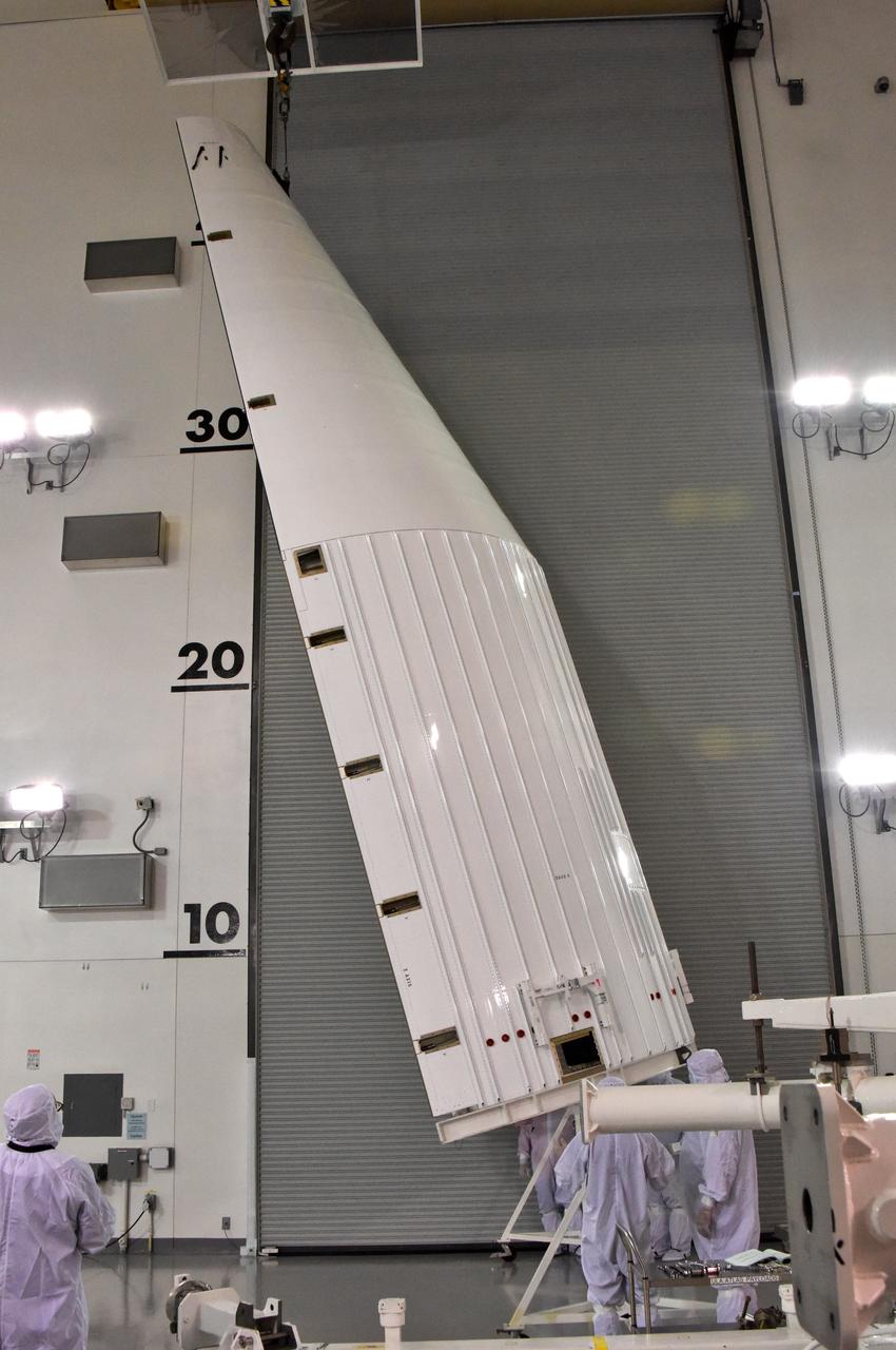 In the Astrotech facility at Vandenberg Air Force Base in California, the payload fairing for the United Launch Alliance (ULA) Atlas V for NASA's upcoming Interior Exploration using Seismic Investigations, Geodesy and Heat Transport, or InSight, mission to land on Mars is lifted to the vertical position. InSight is the first mission to explore the Red Planet's deep interior. It will investigate processes that shaped the rocky planets of the inner solar system including Earth. Liftoff atop a ULA Atlas V rocket is scheduled for May 5, 2018.