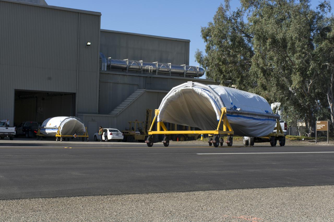 Both halves of the United Launch Alliance (ULA) Delta II rocket payload fairing arrive at ULA's Building B8337 at Vandenberg Air Force Base in California. NASA's Ice, Cloud and land Elevation Satellite-2 (ICESat-2) will launch later this year on the final Delta II rocket. ICESat-2 will measure the height of a changing Earth, one laser pulse at a time, 10,000 laser pulses a second. The satellite will carry a single instrument, the Advanced Topographic Laser Altimeter System. ICESat-2 will help scientists investigate why, and how much our planet's frozen and icy areas, called the cryosphere, is changing in a warming climate. 
