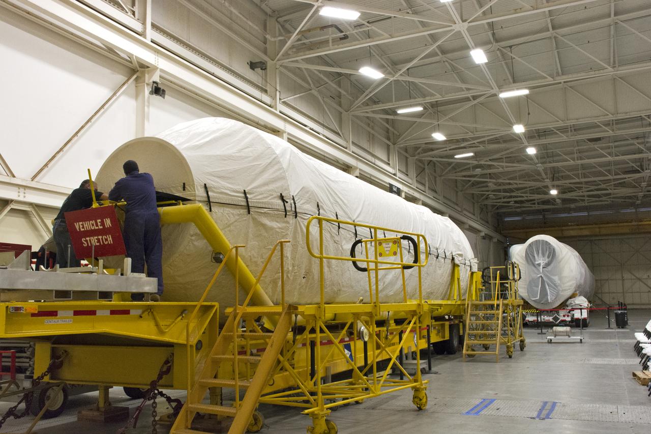 At Vandenberg Air Force Base in California, a cover is installed on a Centaur upper stage in preparation for its transport to Space Launch Complex 3. The Centaur will be mounted atop a United Launch Alliance Atlas V rocket to boost NASA's Interior Exploration using Seismic Investigations, Geodesy and Heat Transport, or InSight, mission to land on Mars. InSight is the first mission to explore the Red Planet's deep interior. It will investigate processes that shaped the rocky planets of the inner solar system including Earth. Liftoff is scheduled for May 5, 2018.