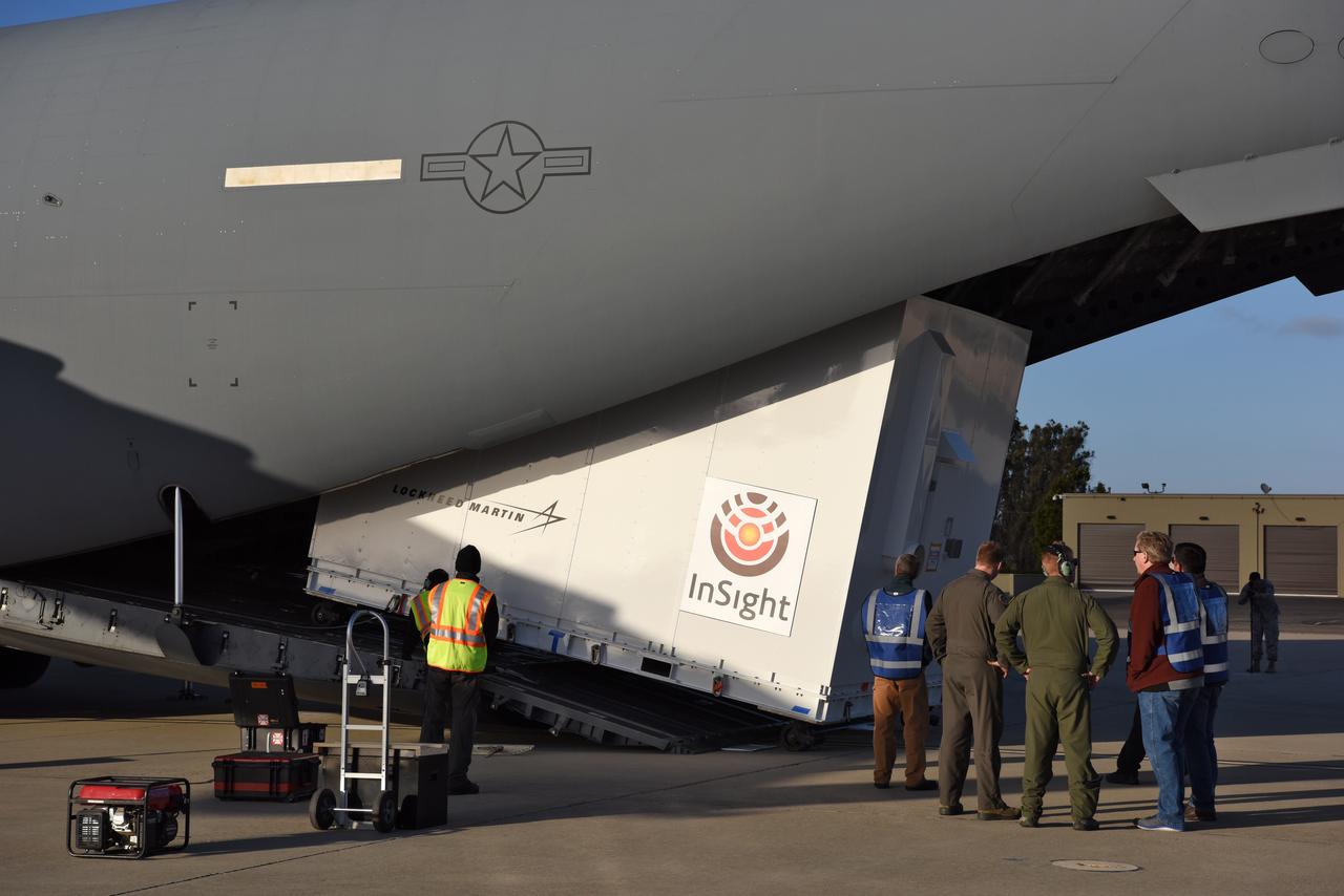 After a U.S. Air Force C-17 aircraft arrived at Vandenberg Air Force Base in California, ground crews offload NASA's Interior Exploration using Seismic Investigations, Geodesy and Heat Transport, or InSight, spacecraft designed to land on Mars. InSight was developed and built by Lockheed-Martin Space Systems in Denver, Colorado, and is scheduled for liftoff is May 5, 2018. InSight is the first mission to explore the Red Planet's deep interior. It will investigate processes that shaped the rocky planets of the inner solar system including Earth. 