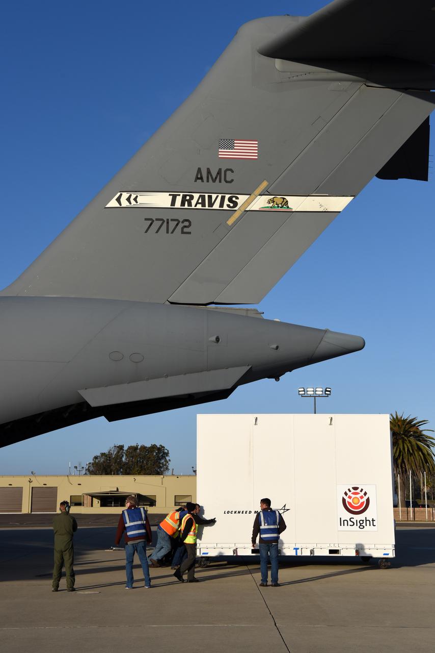 After a U.S. Air Force C-17 aircraft arrived at Vandenberg Air Force Base in California, ground crews offload NASA's Interior Exploration using Seismic Investigations, Geodesy and Heat Transport, or InSight, spacecraft designed to land on Mars. InSight was developed and built by Lockheed-Martin Space Systems in Denver, Colorado, and is scheduled for liftoff is May 5, 2018. InSight is the first mission to explore the Red Planet's deep interior. It will investigate processes that shaped the rocky planets of the inner solar system including Earth. 