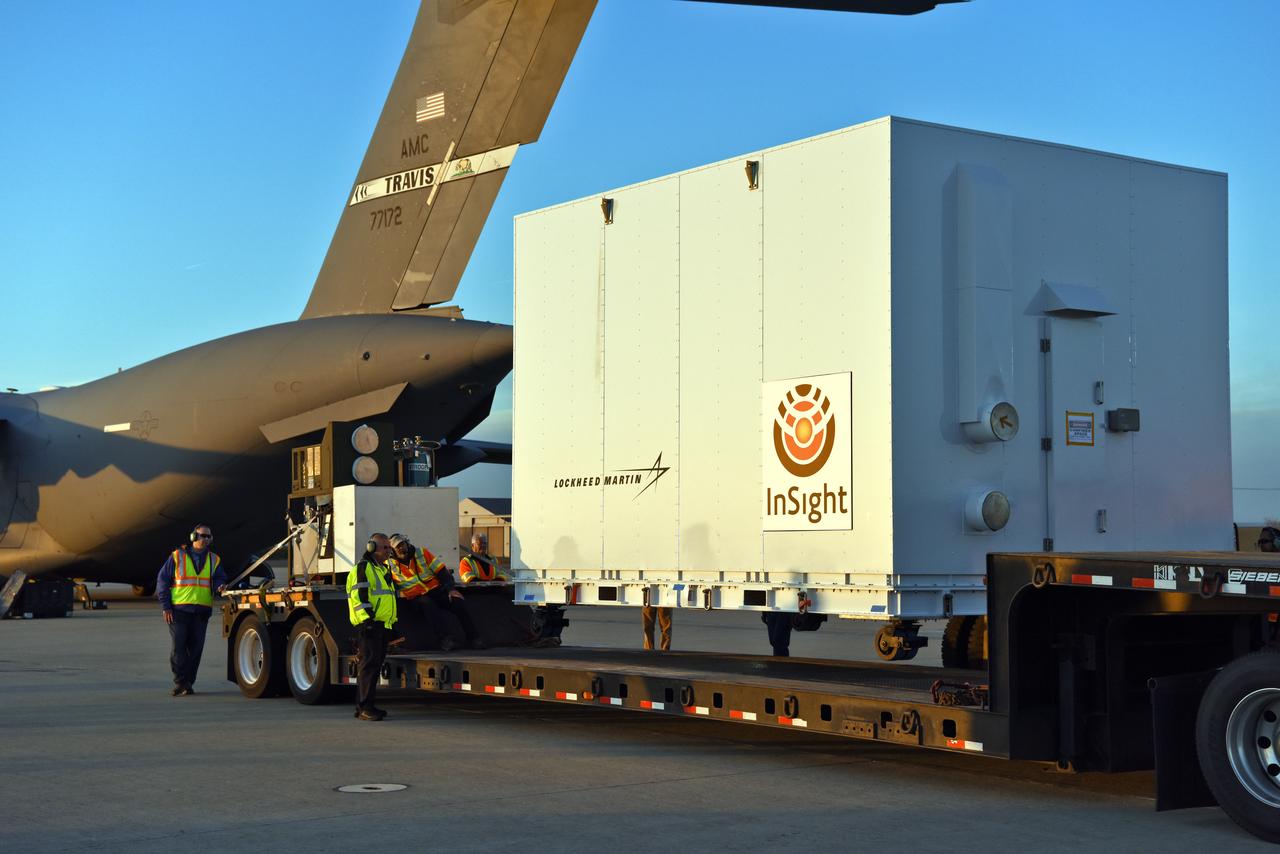 After a U.S. Air Force C-17 aircraft arrived at Vandenberg Air Force Base in California, ground crews loaded NASA's Interior Exploration using Seismic Investigations, Geodesy and Heat Transport, or InSight, spacecraft in a transport truck for delivery to the Astrotech processing facility. InSight was developed and built by Lockheed-Martin Space Systems in Denver, Colorado, and is scheduled for liftoff is May 5, 2018. InSight is the first mission to land on Mars and explore the Red Planet's deep interior. It will investigate processes that shaped the rocky planets of the inner solar system including Earth.