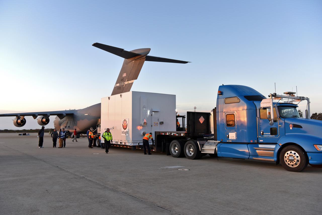 After a U.S. Air Force C-17 aircraft arrived at Vandenberg Air Force Base in California, ground crews loaded NASA's Interior Exploration using Seismic Investigations, Geodesy and Heat Transport, or InSight, spacecraft in a transport truck for delivery to the Astrotech processing facility. InSight was developed and built by Lockheed-Martin Space Systems in Denver, Colorado, and is scheduled for liftoff is May 5, 2018. InSight is the first mission to land on Mars and explore the Red Planet's deep interior. It will investigate processes that shaped the rocky planets of the inner solar system including Earth.